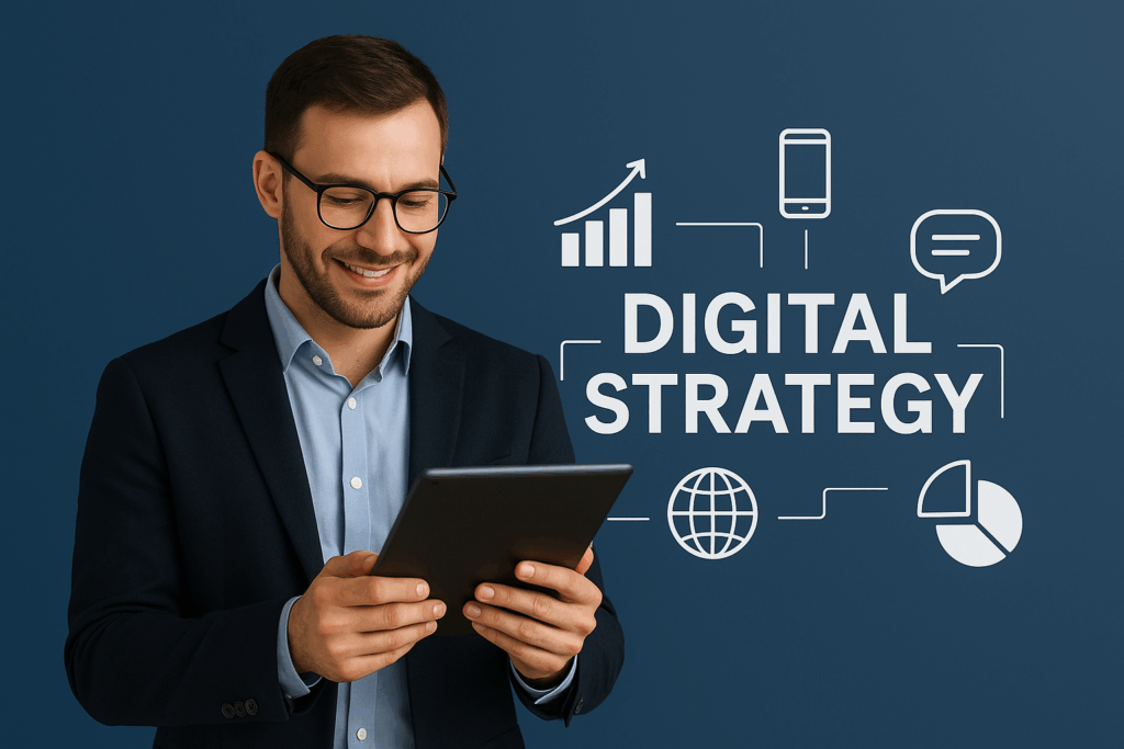 A man in a navy blazer and glasses smiles while holding a tablet, standing in front of a dark blue background with white digital strategy icons such as a growth chart, smartphone, chat bubble, globe and pie chart.