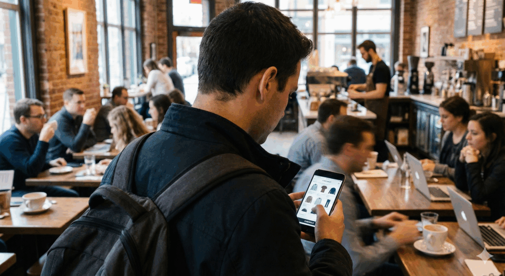 "Over-the-shoulder view of a person holding a smartphone, browsing a clothing e-commerce website with a grid of apparel items, seated in a crowded, warm-toned cafe with blurred patrons in the background."